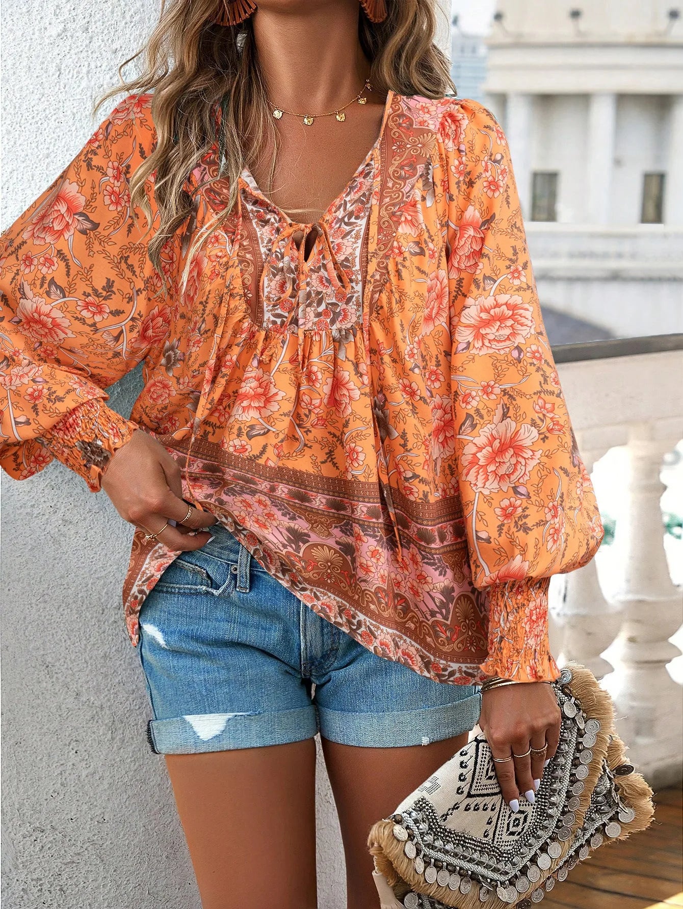 Women's Printed Tied V Neck Lantern Long Sleeve Shirt