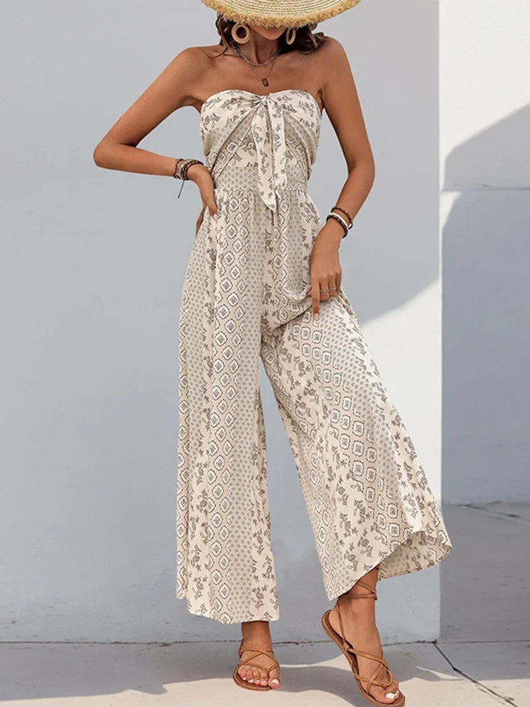 Women's Sleeveless Strapless Lace Up Wide Leg Pants Jumpsuit