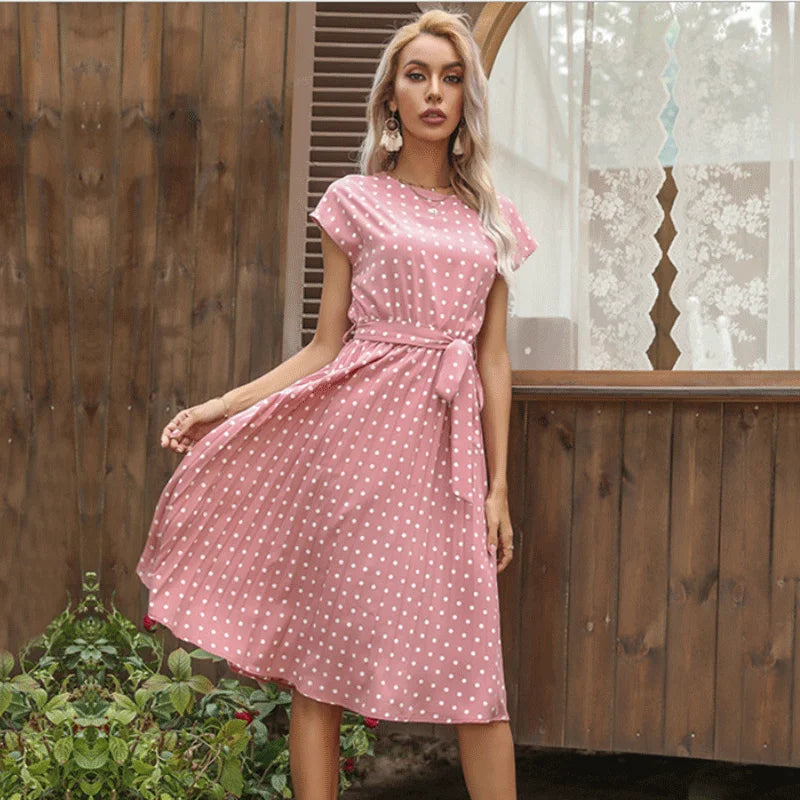 Women's High Waist Midi Elegant Pleated Polka Dots Dress