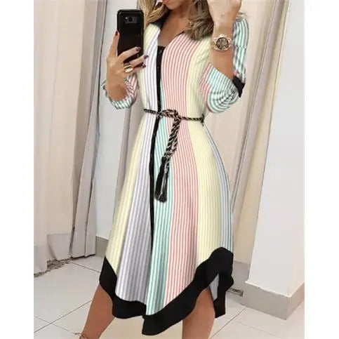 Women's Long Geometric Collar Elastic Waist Dress