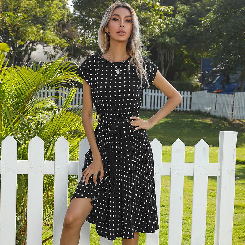 Women's High Waist Midi Elegant Pleated Polka Dots Dress