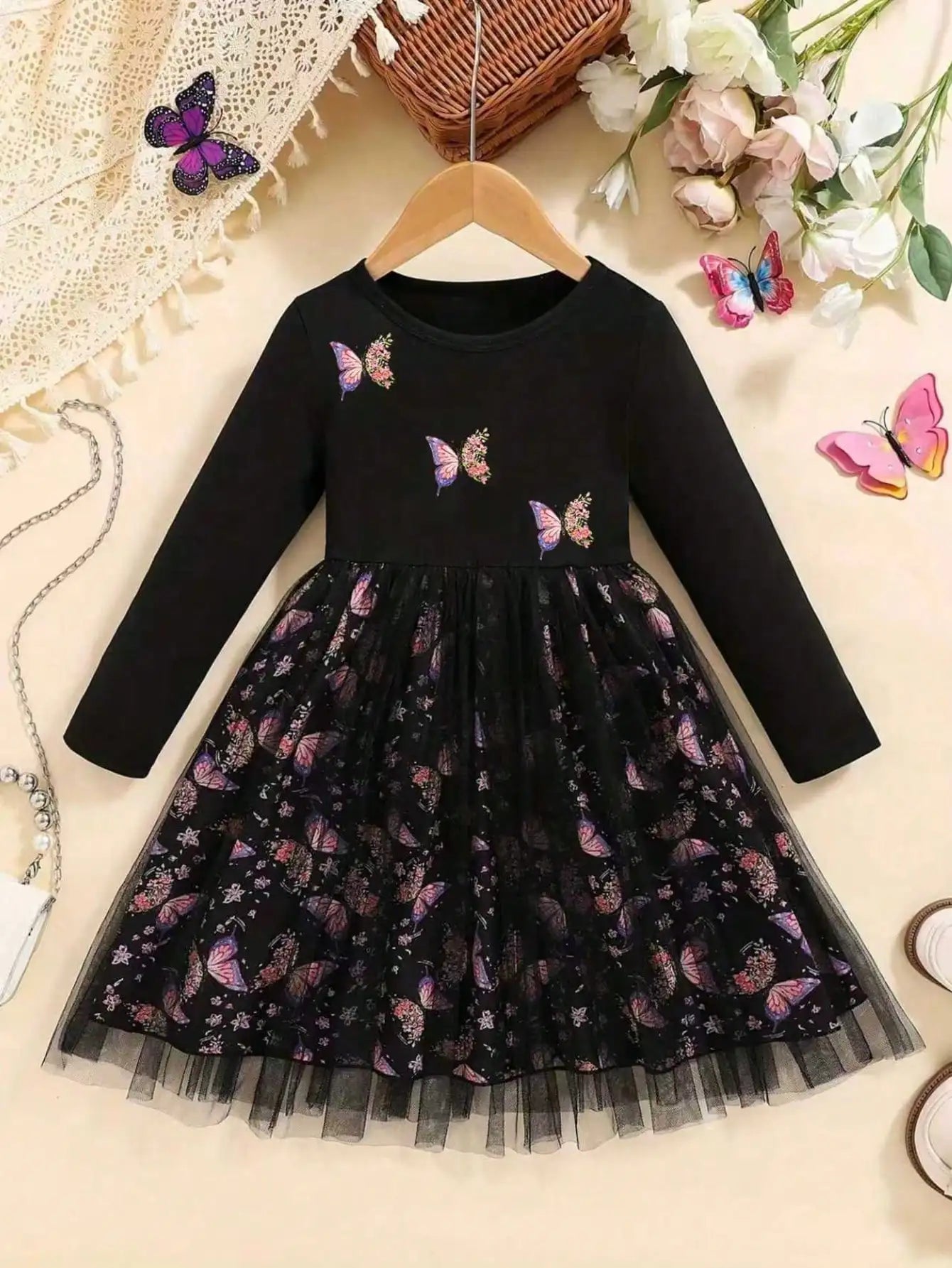 Girls Round Neck Long Sleeve Trumpet Skirt Knee Mesh Dress