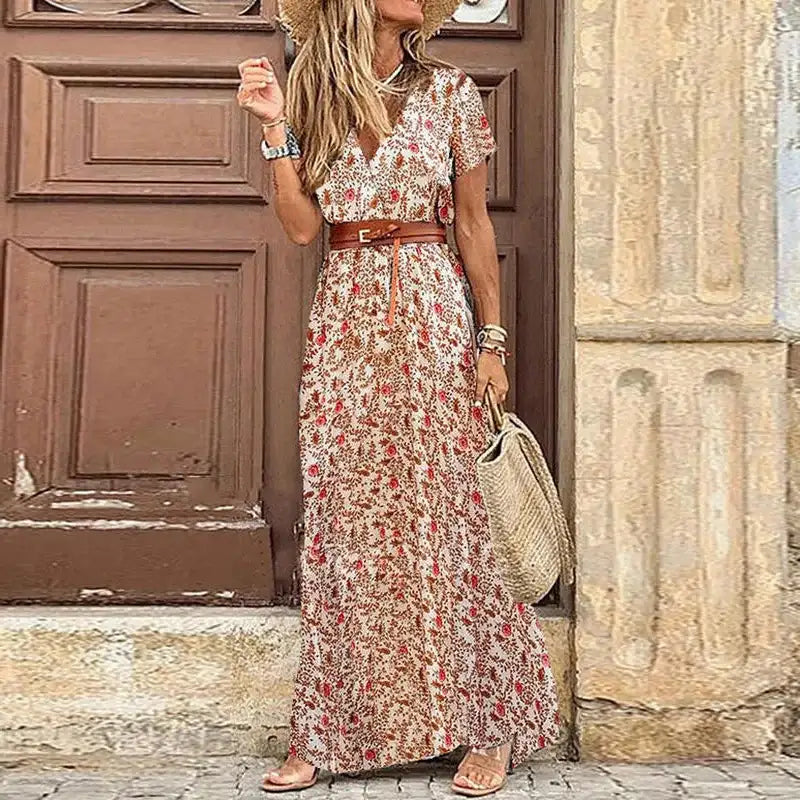 Women's Elegant Floral Pleated V Neck Puff Sleeve Waist Dress