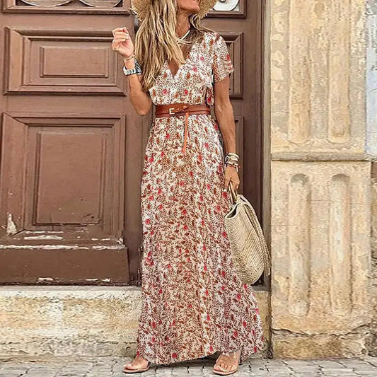 Women's Elegant Floral Pleated V Neck Puff Sleeve Waist Dress