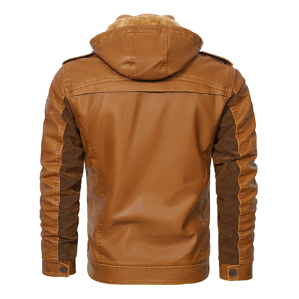 Men's Fur Leather Hooded Zipper Biker Jacket