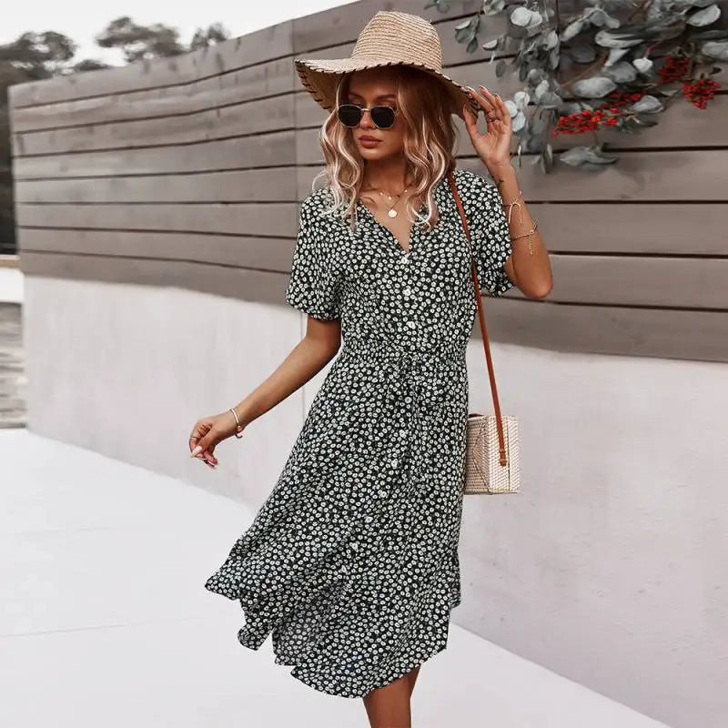 Women's Short Sleeve Button V-Neck Beach Boho Midi Dress