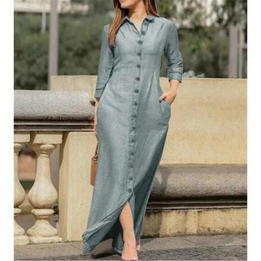 Women's Loose Casual Lapel Solid Color Long Dress