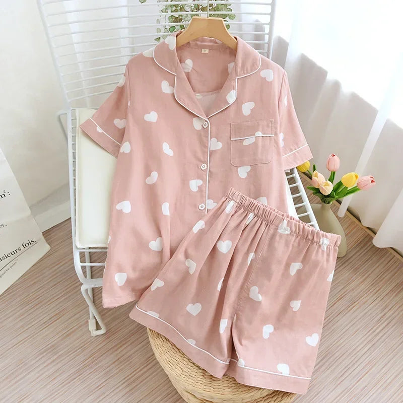 Women's 2Pcs Cotton Gauze Thin Short Sleeved Short Pajamas Set