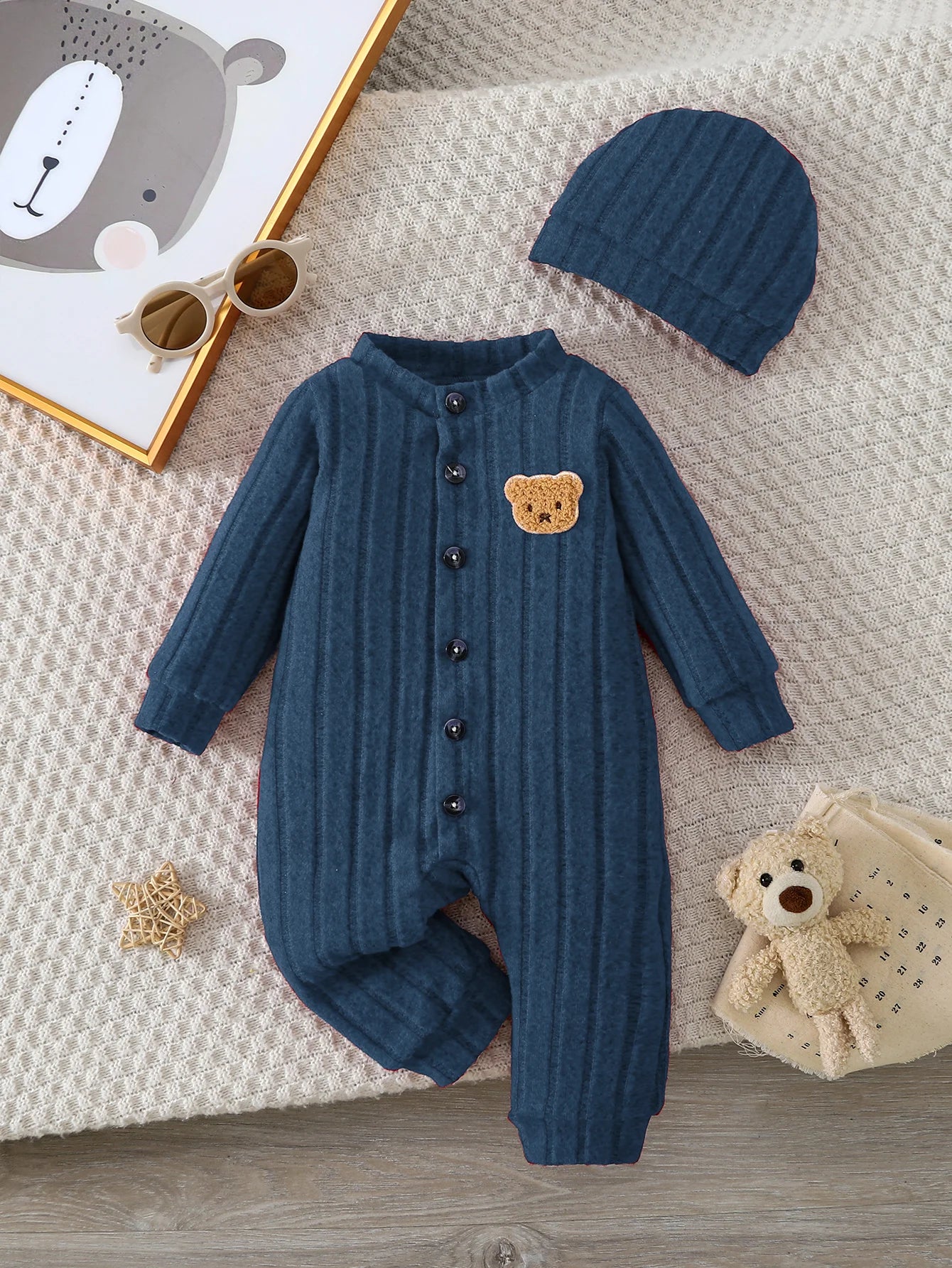 Baby Red Onesie Buttons Jumpsuit Red Hat Set