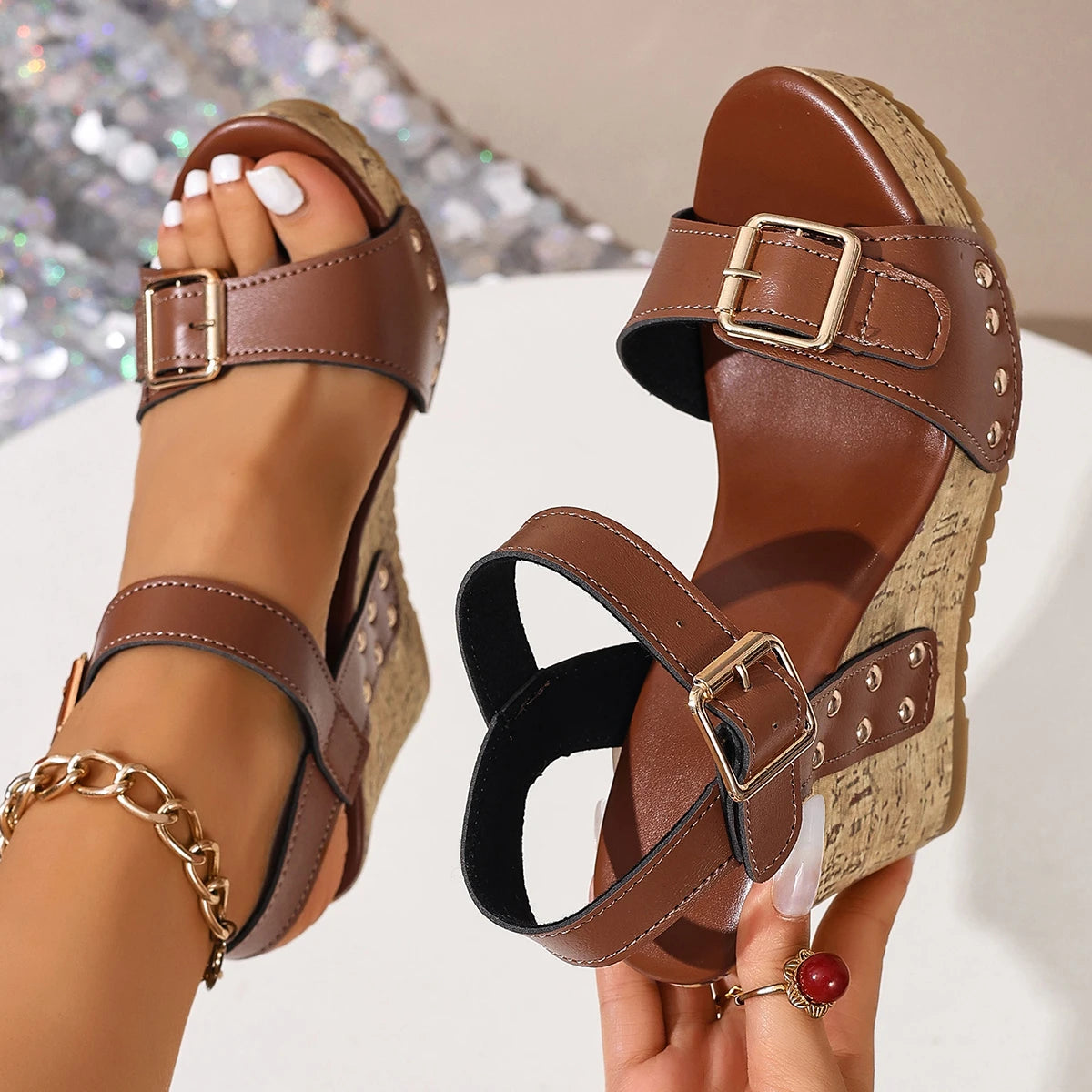 Women's Leather Mid Heeled Platform Comfortable Retro Sandals