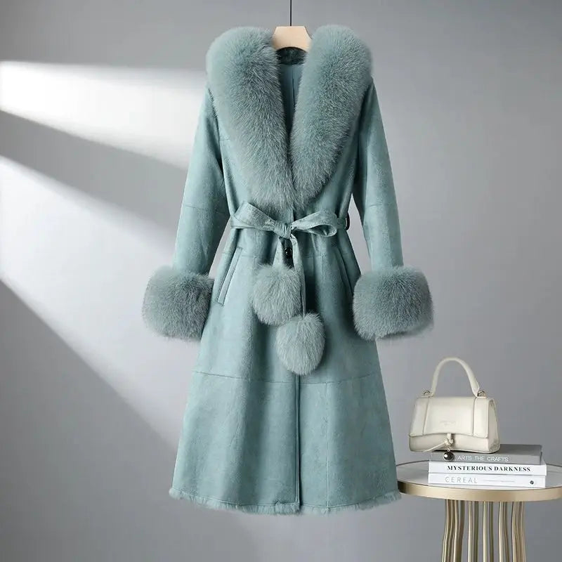 Women's Mid Length Rabbit Fur Fox Fur Collar Slim Fit Coat