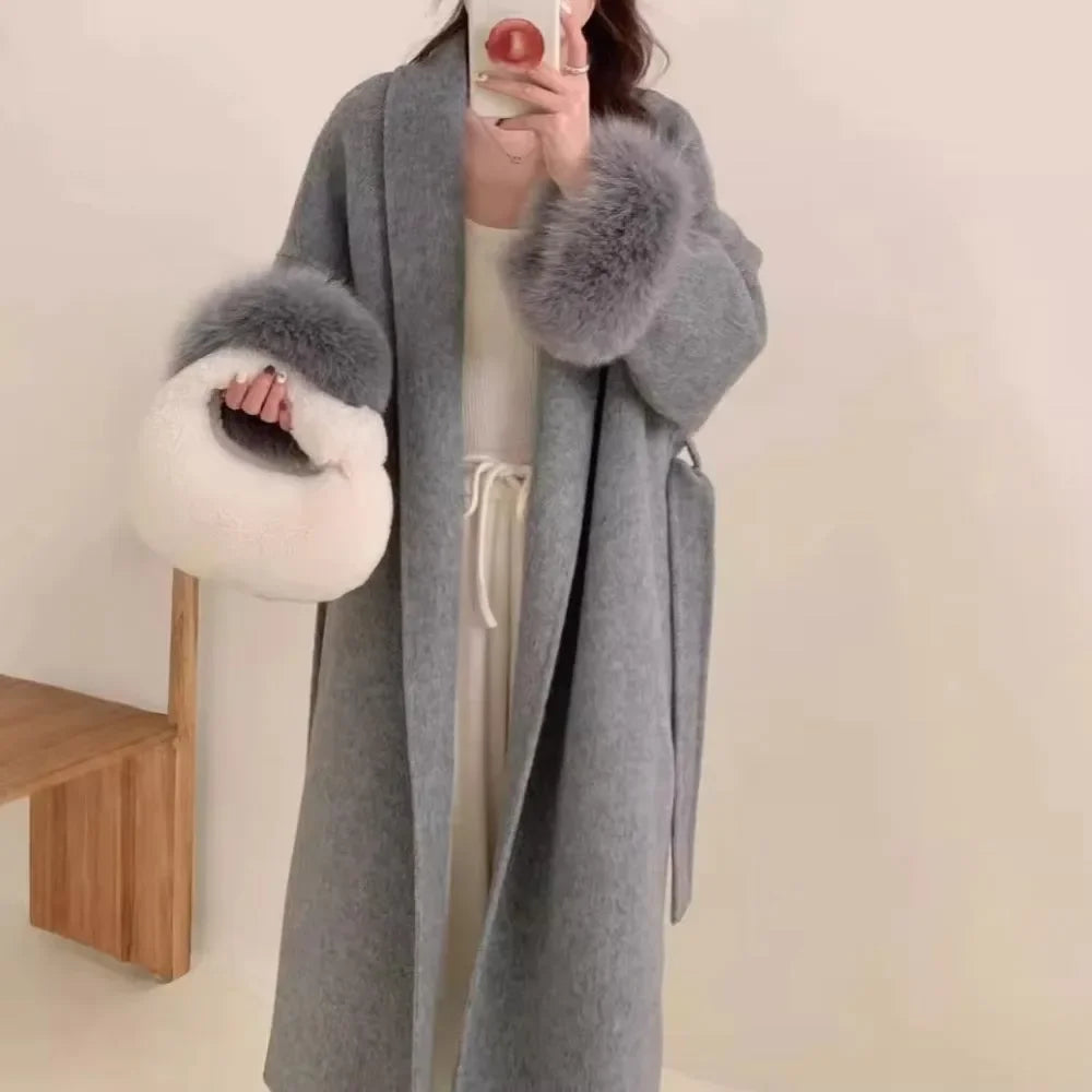 Women's Long Fur Woolen Double Sided Cashmere Coat