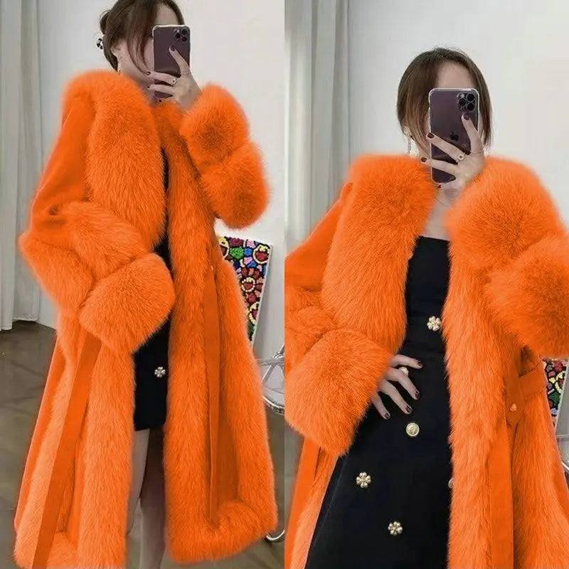 Women's Long Loose  Wool Faux Fur Coat