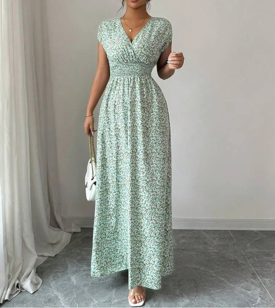 Women's Ditsy Floral V-Neck Sleeveless Waisted Maxi Dress