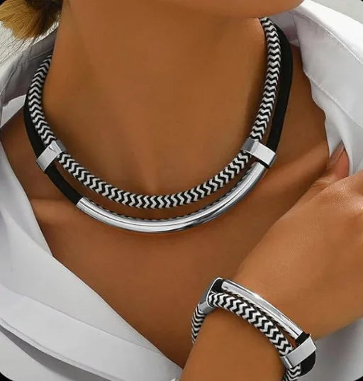 Women's 2PCS Thick Double Line Metal Tube Necklace Bracelet Set