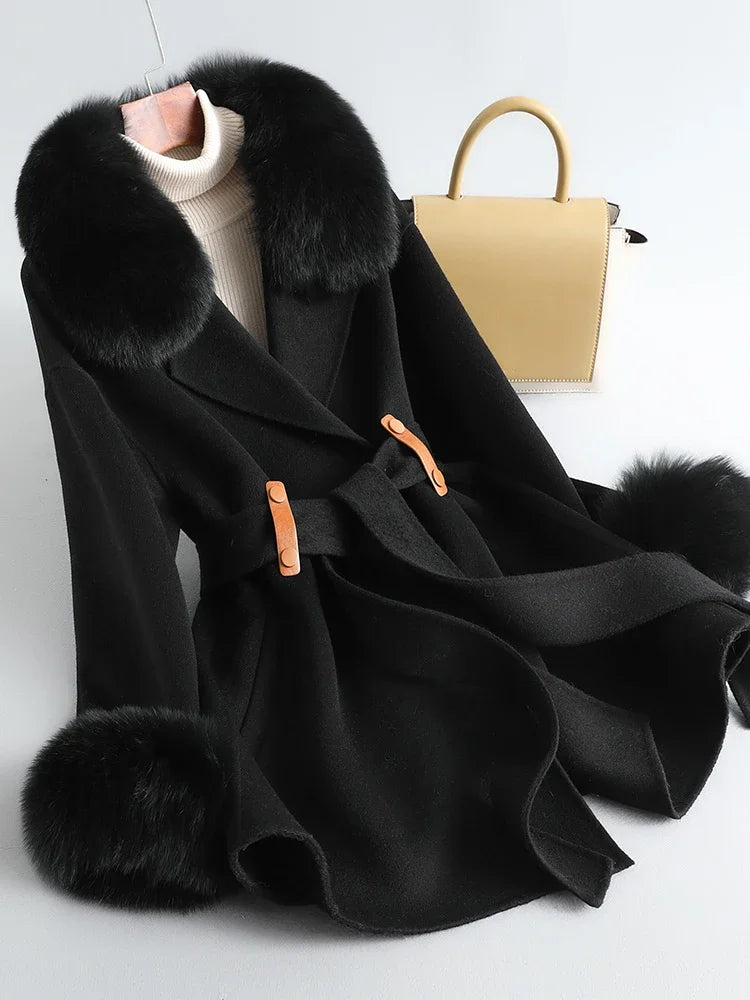 Women's Natural Fox Fur Collar Cashmere Wool Coat