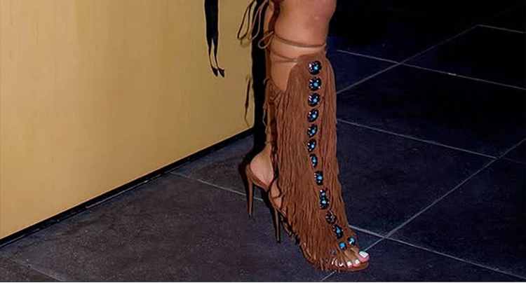 Women's Fringe Strappy Open Toe Lace Up Tassels High Heel Boots