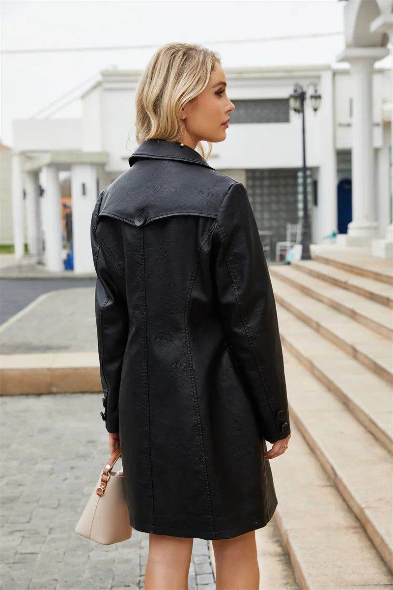 Women's Long sleeved Leather Windbreaker Coat