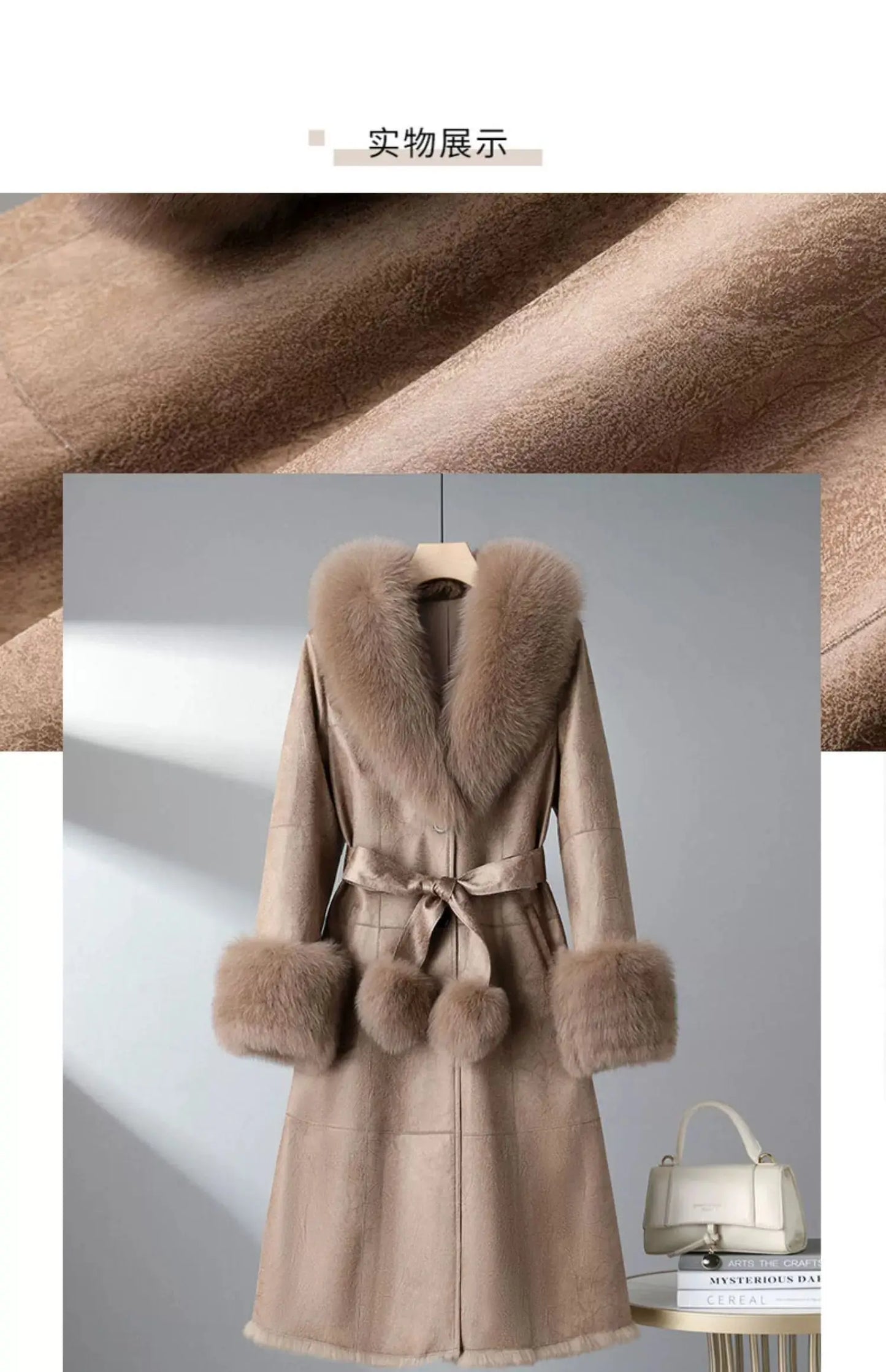 Women's Mid Length Rabbit Fur Fox Fur Collar Slim Fit Coat