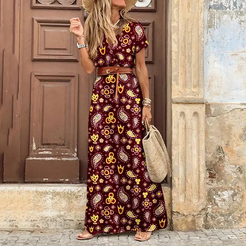 Women's Elegant Floral Pleated V Neck Puff Sleeve Waist Dress