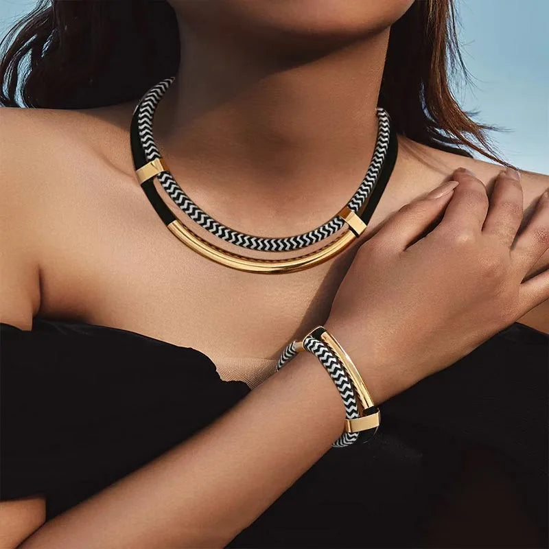 Women's 2PCS Thick Double Line Metal Tube Necklace Bracelet Set