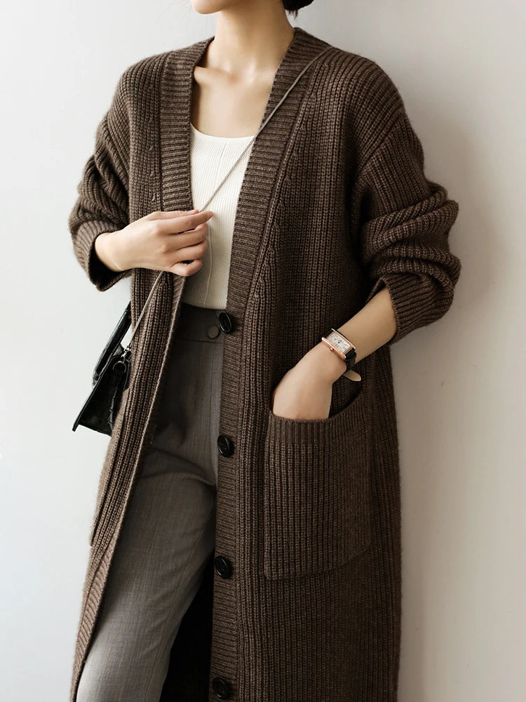 Women's Long Knitted  Single Breasted V-neck Sweater Cardigan