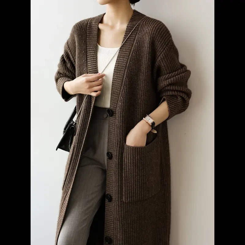 Women's Long Knitted  Single Breasted V-neck Sweater Cardigan