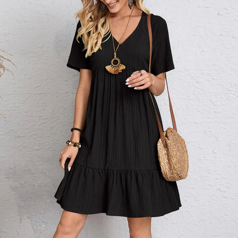 Women's Vintage Solid V-Neck High Waist A-Line Mini Dress