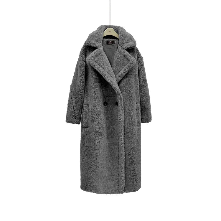 Women's Faux Fur Long Large Grain Lamb Sheep Wool Coat