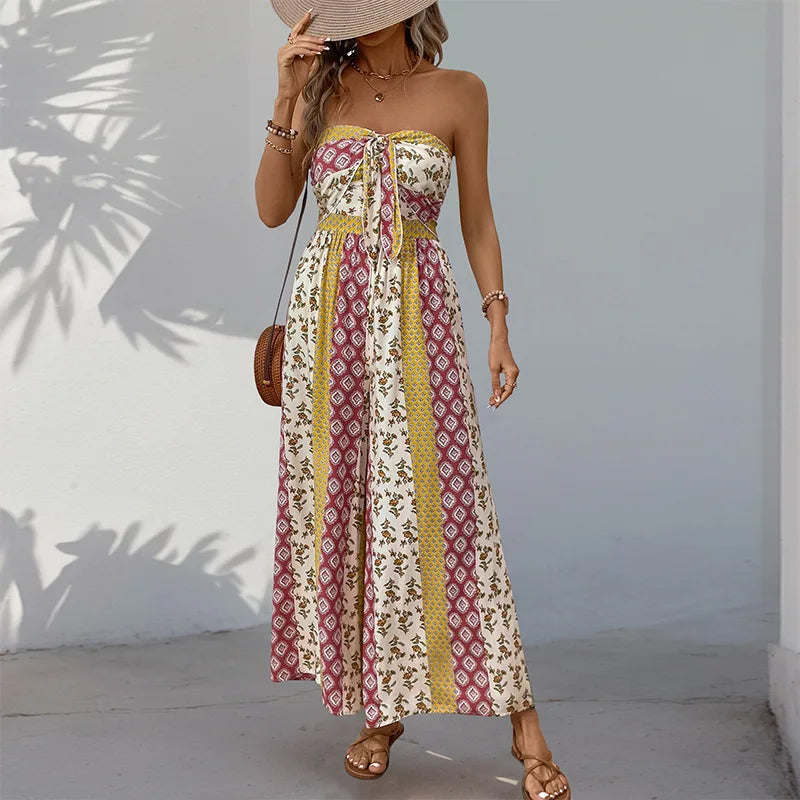 Women's Sleeveless Strapless Lace Up Wide Leg Pants Jumpsuit