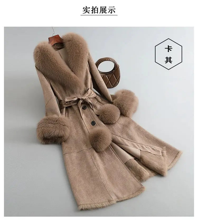 Women's Mid Length Rabbit Fur Fox Fur Collar Slim Fit Coat