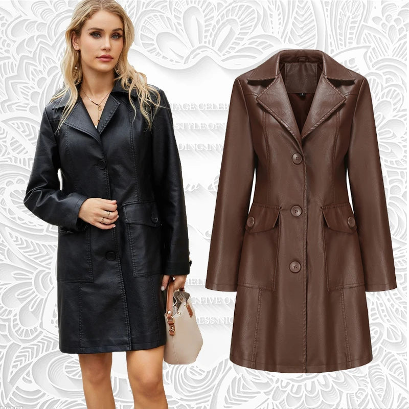 Women's Long sleeved Leather Windbreaker Coat