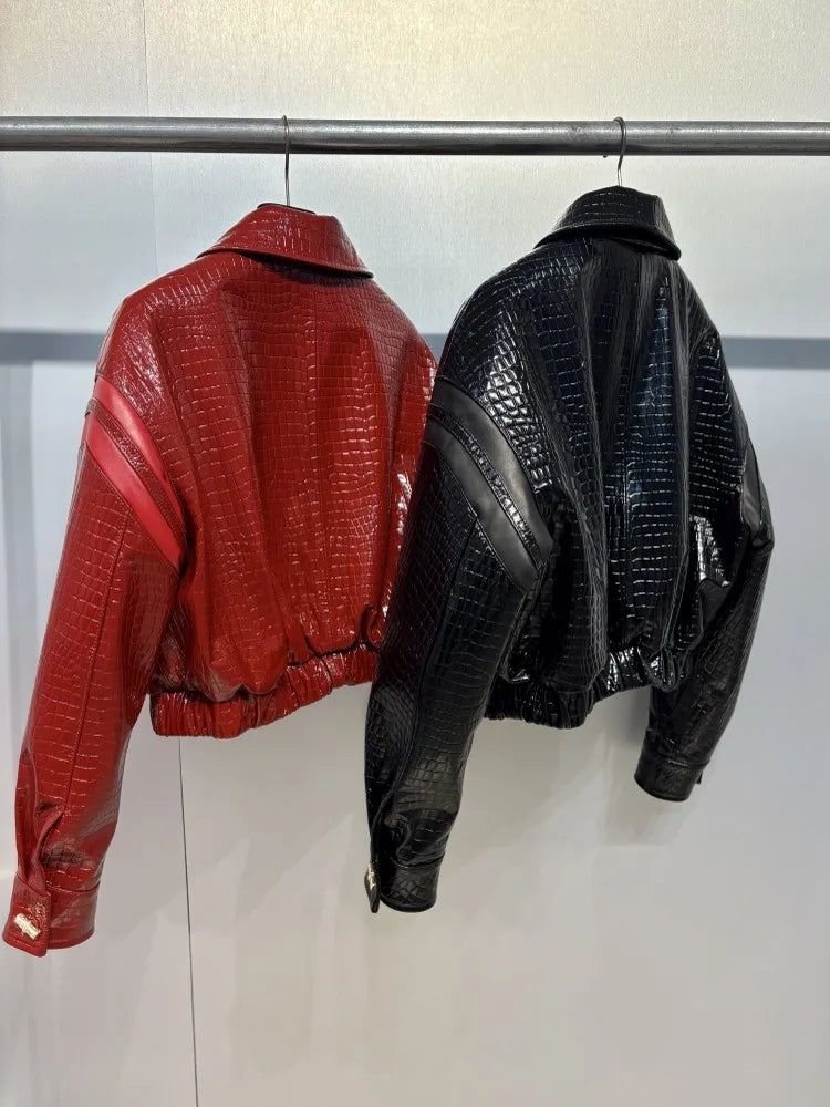 Women's Elegant Crocodile Grain Genuine Leather Short Jacket