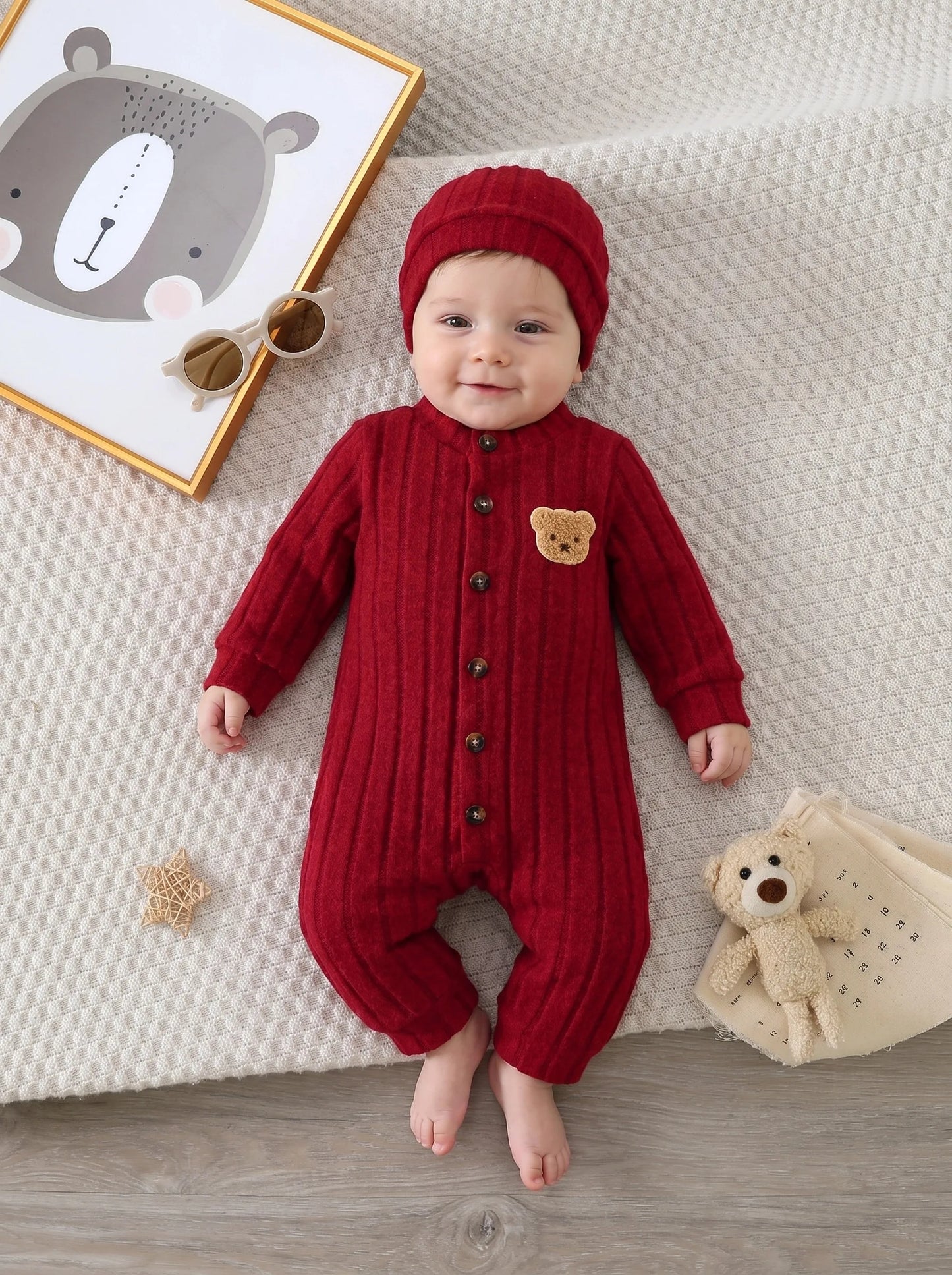 Baby Red Onesie Buttons Jumpsuit Red Hat Set