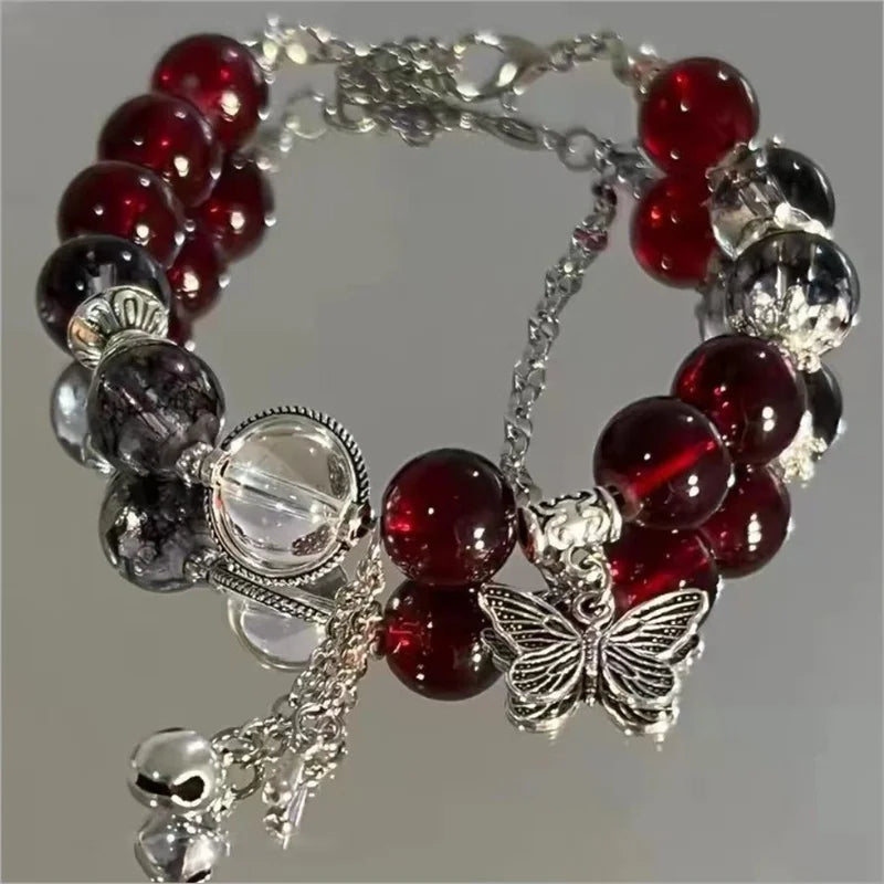 Women's Beaded Red Crystal Feather Pendant Bracelet