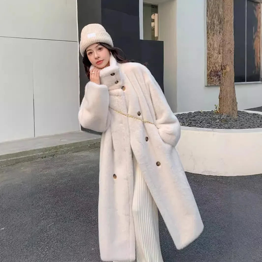 Women's Long Loose Double-Breasted Mink Fur Plush Coat