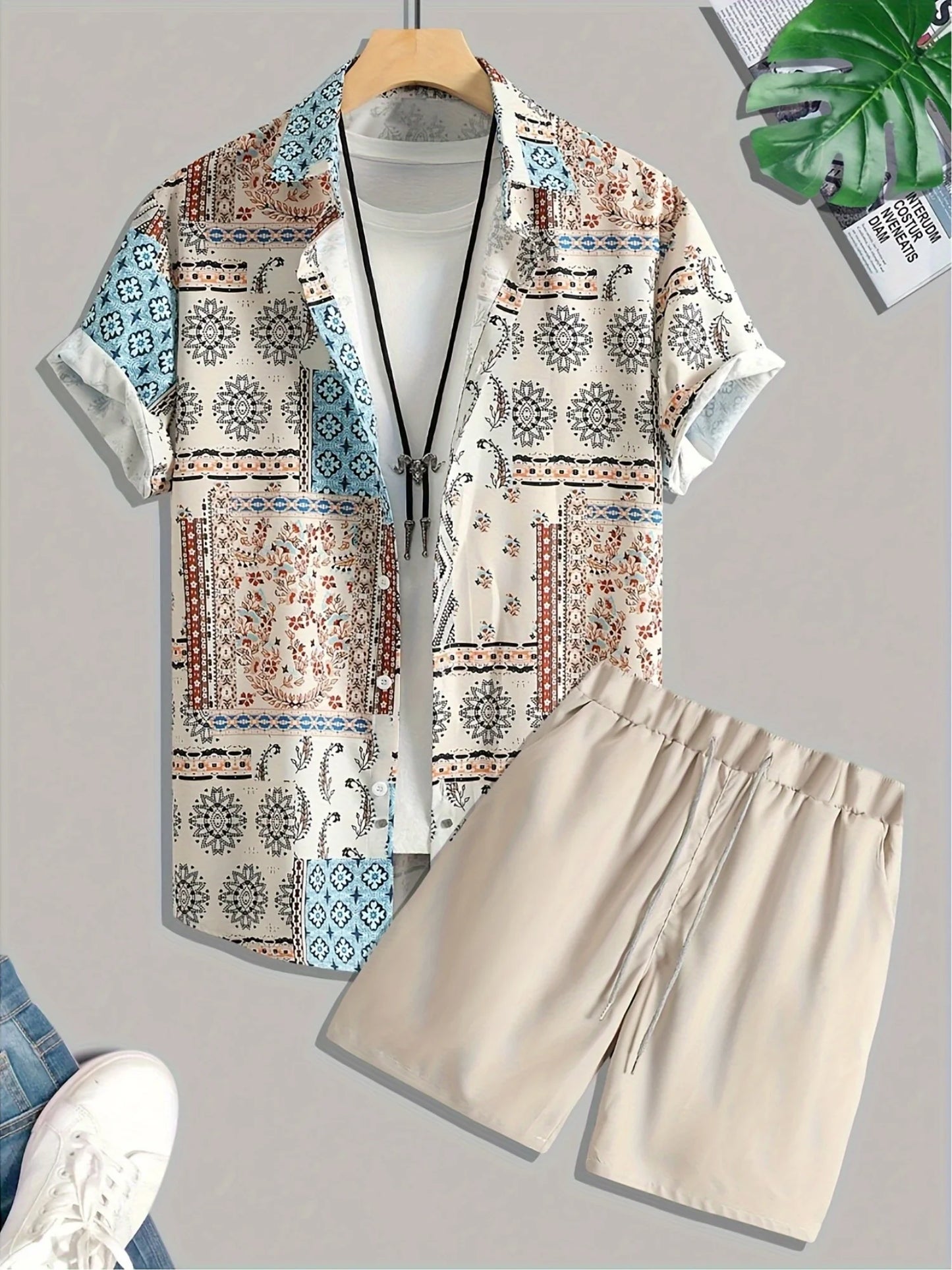 Men's 2Pcs Shorts Shirt Drawstring Waist Ethnic Floral Set