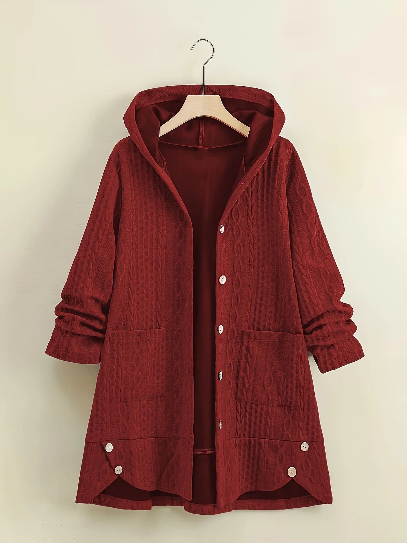 Women's Curvy Cable Knit Hooded Long Cardigan