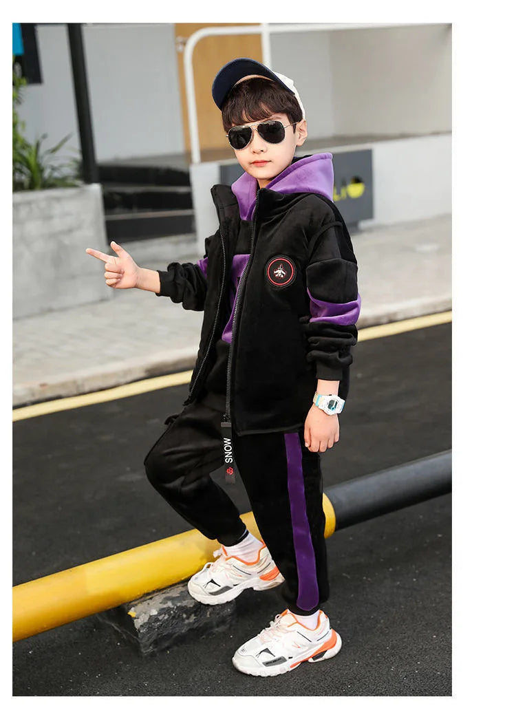 Boys 3Pcs Fleece Lined Zip Waistcoat Sweatshirt Sweatpants Set