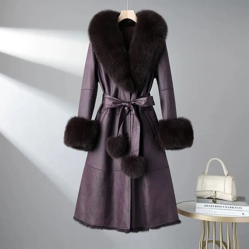 Women's Mid Length Rabbit Fur Fox Fur Collar Slim Fit Coat