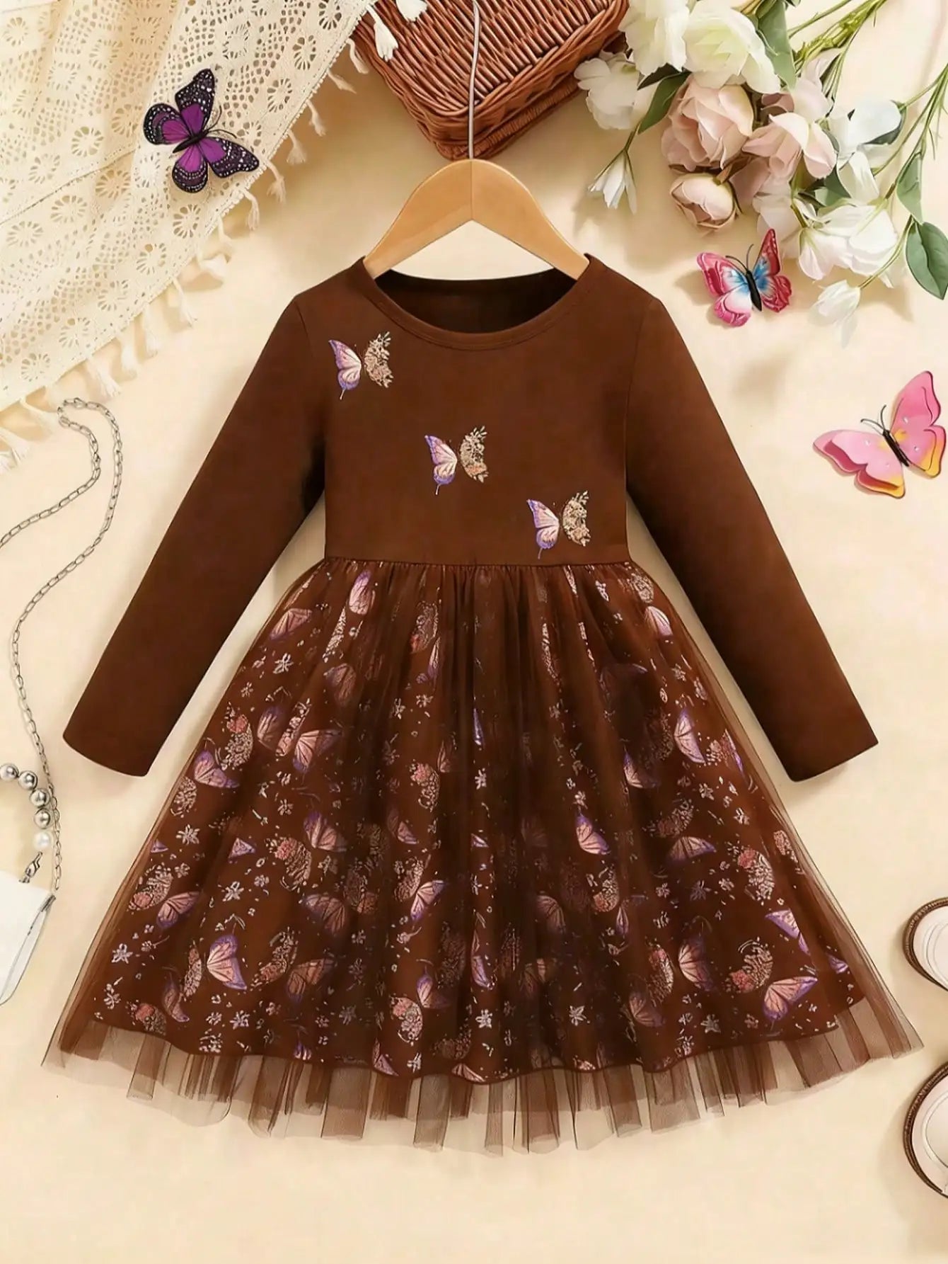 Girls Round Neck Long Sleeve Trumpet Skirt Knee Mesh Dress