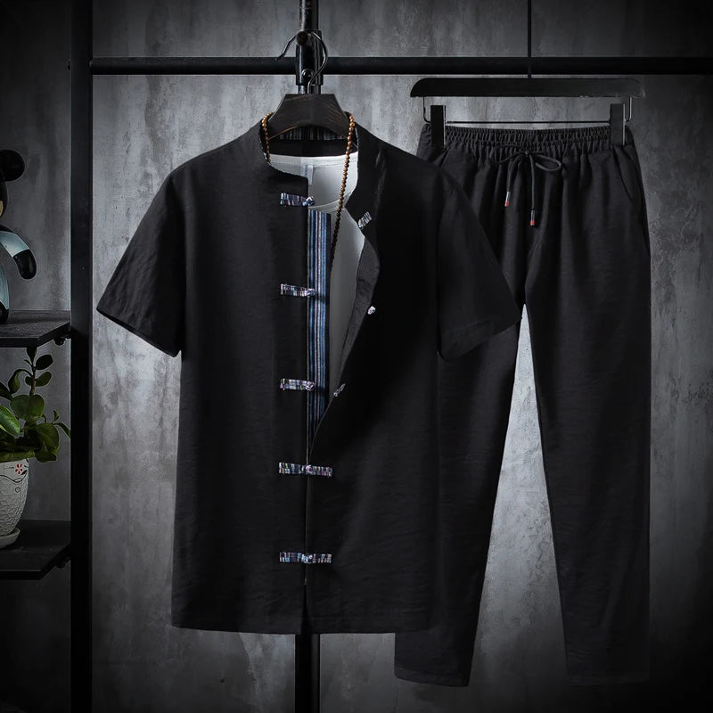Men's 2PCs Cotton Linen Shirts Pants Set