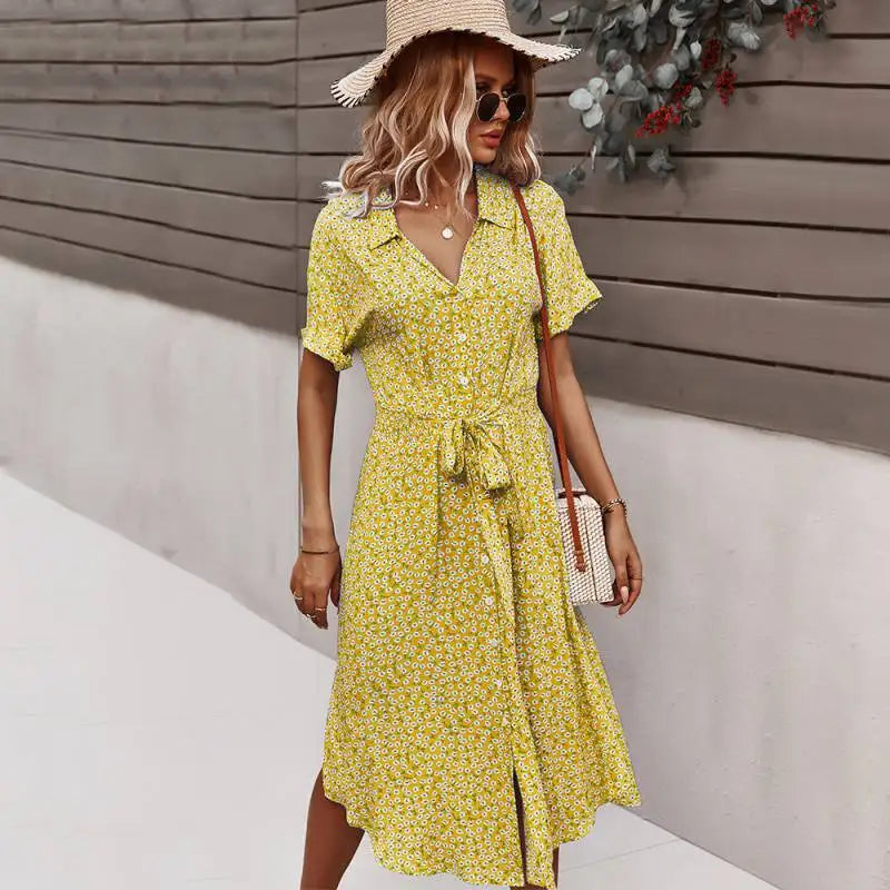 Women's Short Sleeve Button V-Neck Beach Boho Midi Dress