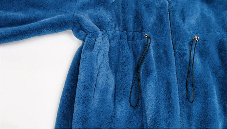 Women's Fluffy Faux Fur Hood Drawstring Waist Zip Up Coat