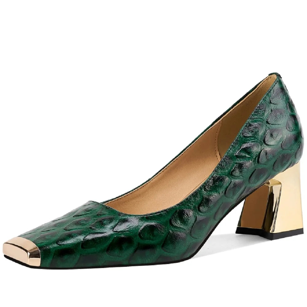 Women's Genuine Leather Mid Heel Square Toe Pumps Shoes