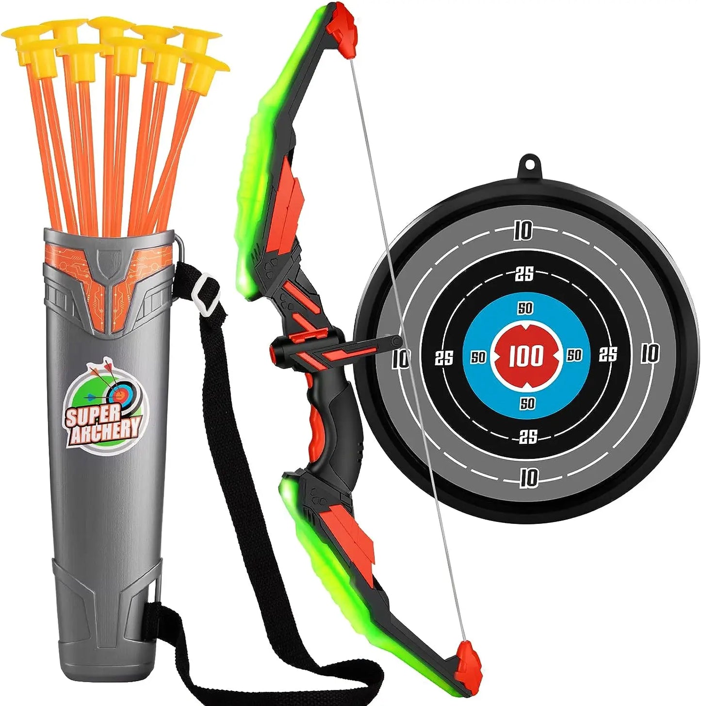 Kids LED Light Up Archery Bow 10 Suction Cup Arrows Set Toy