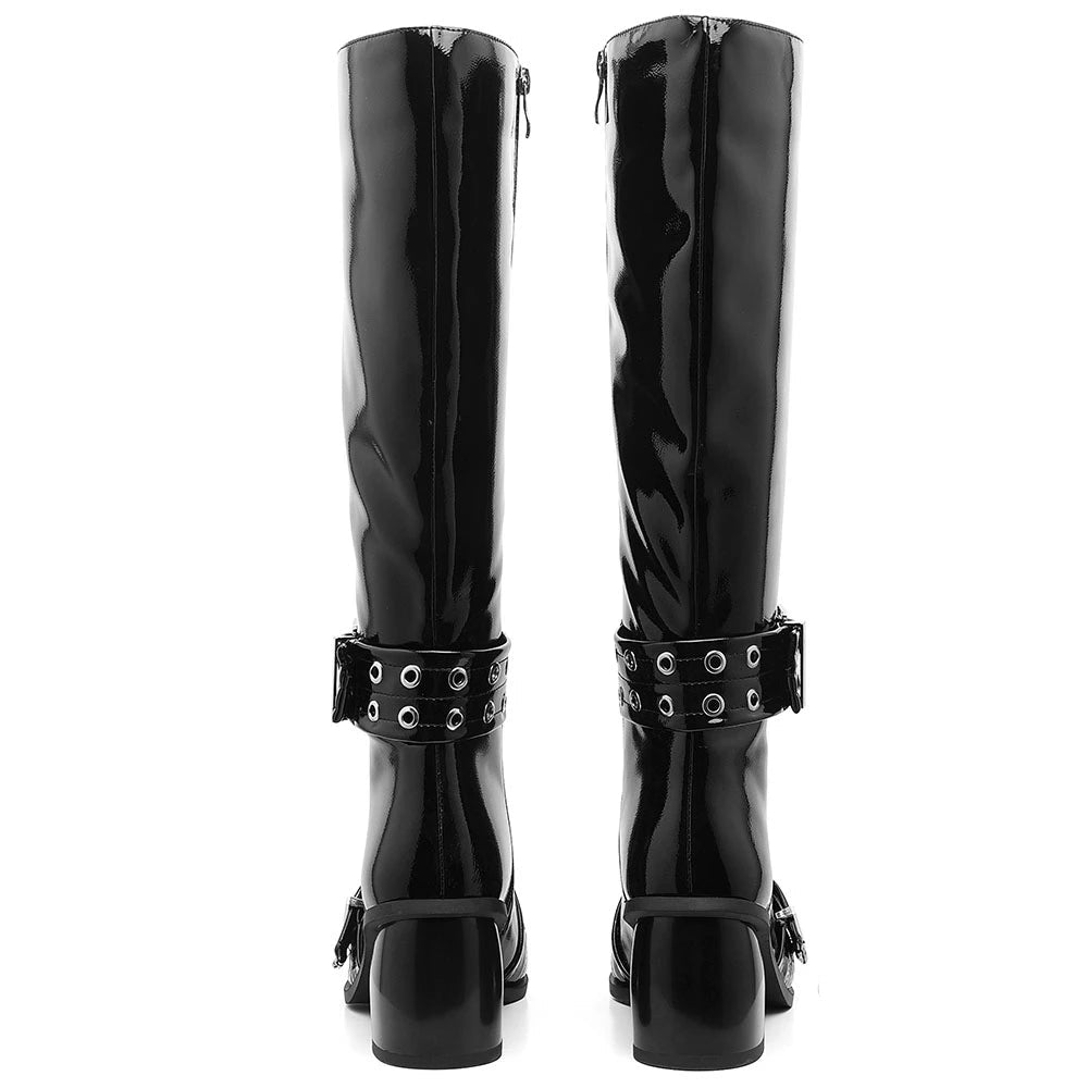 Women's Leather Metal Buckle Zipper Knee Boots