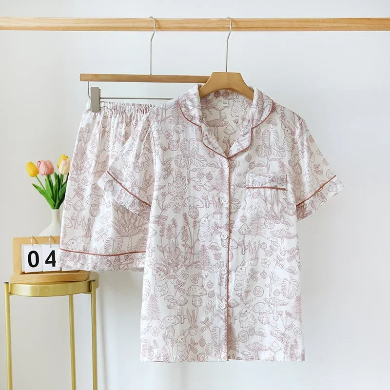 Women's 2Pcs Cotton Gauze Thin Short Sleeved Short Pajamas Set