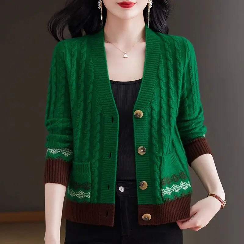 Women's Vintage V-Neck Button Pocket Knitted Cardigan Sweater