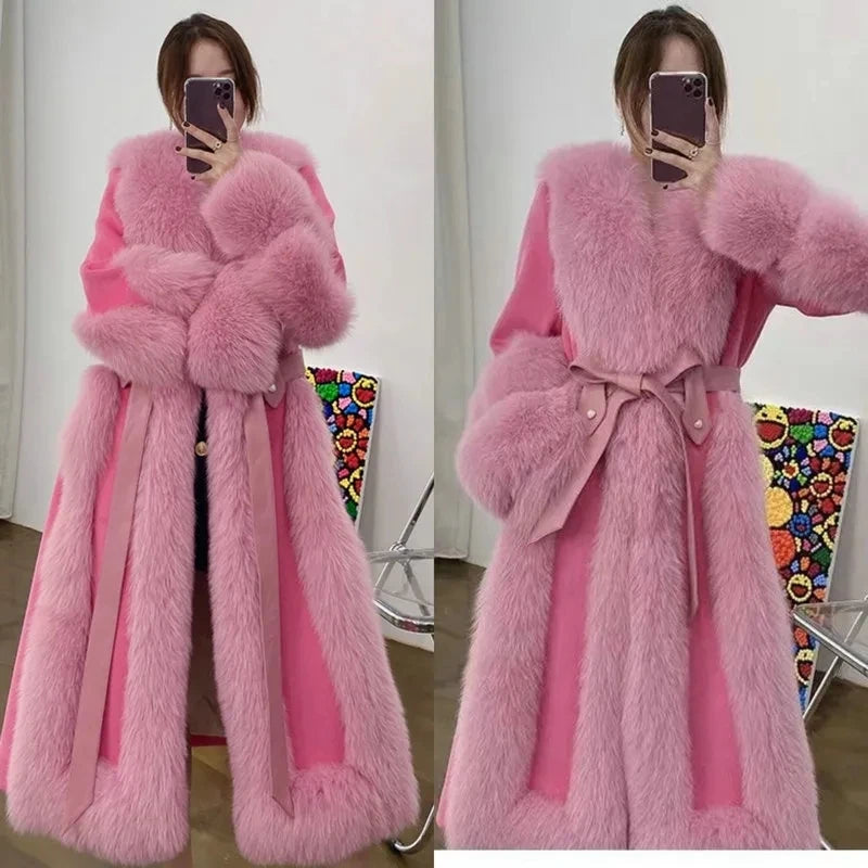 Women's Long Loose  Wool Faux Fur Coat